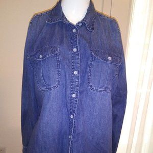 blue jean long sleeved button down blouse